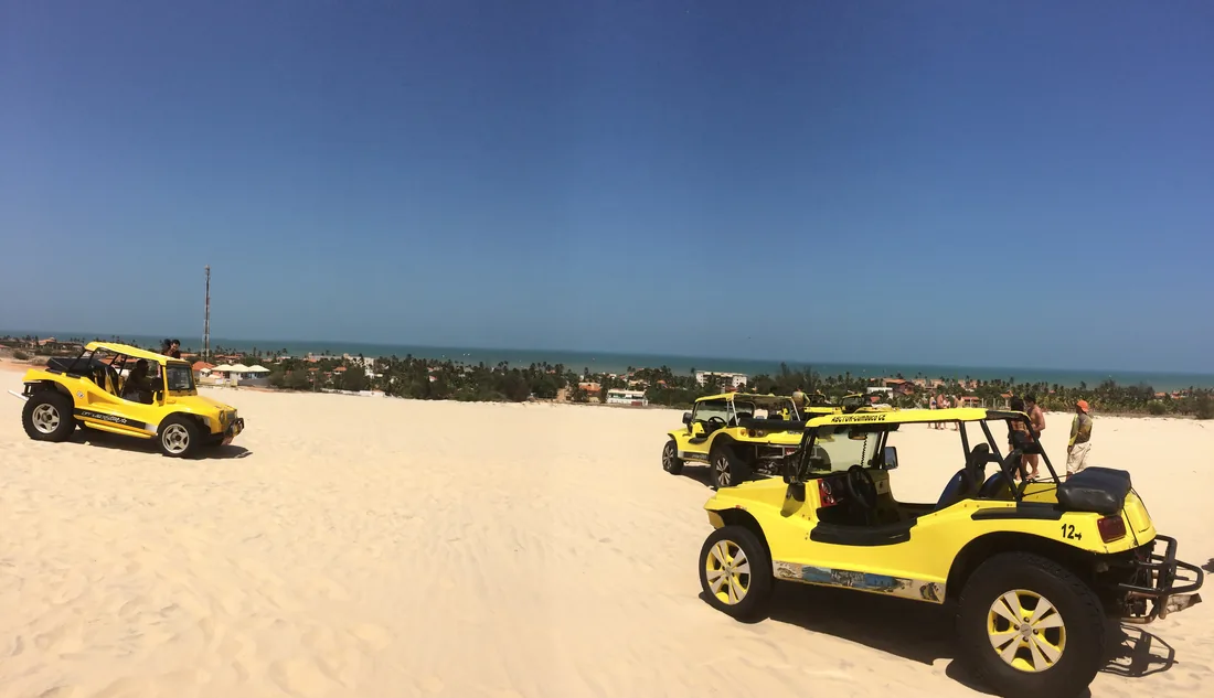 Buggies amarelos parados no alto das dunas de areia clara, com o mar ao fundo