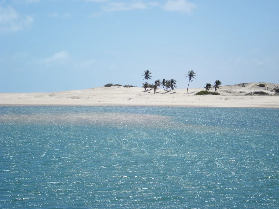 Banco de areia branca com um grupo de coqueiros, na Praia de Águas Belas
