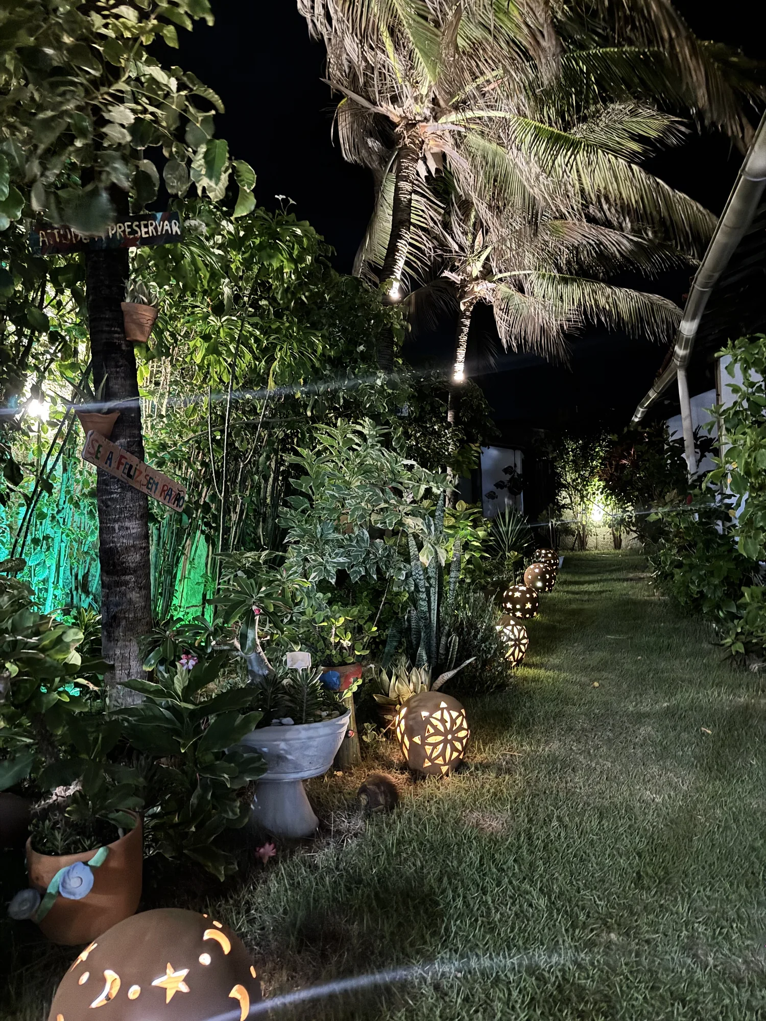 Jardim da casa à noite, com lanternas acesas na grama, plantas e coqueiros iluminados