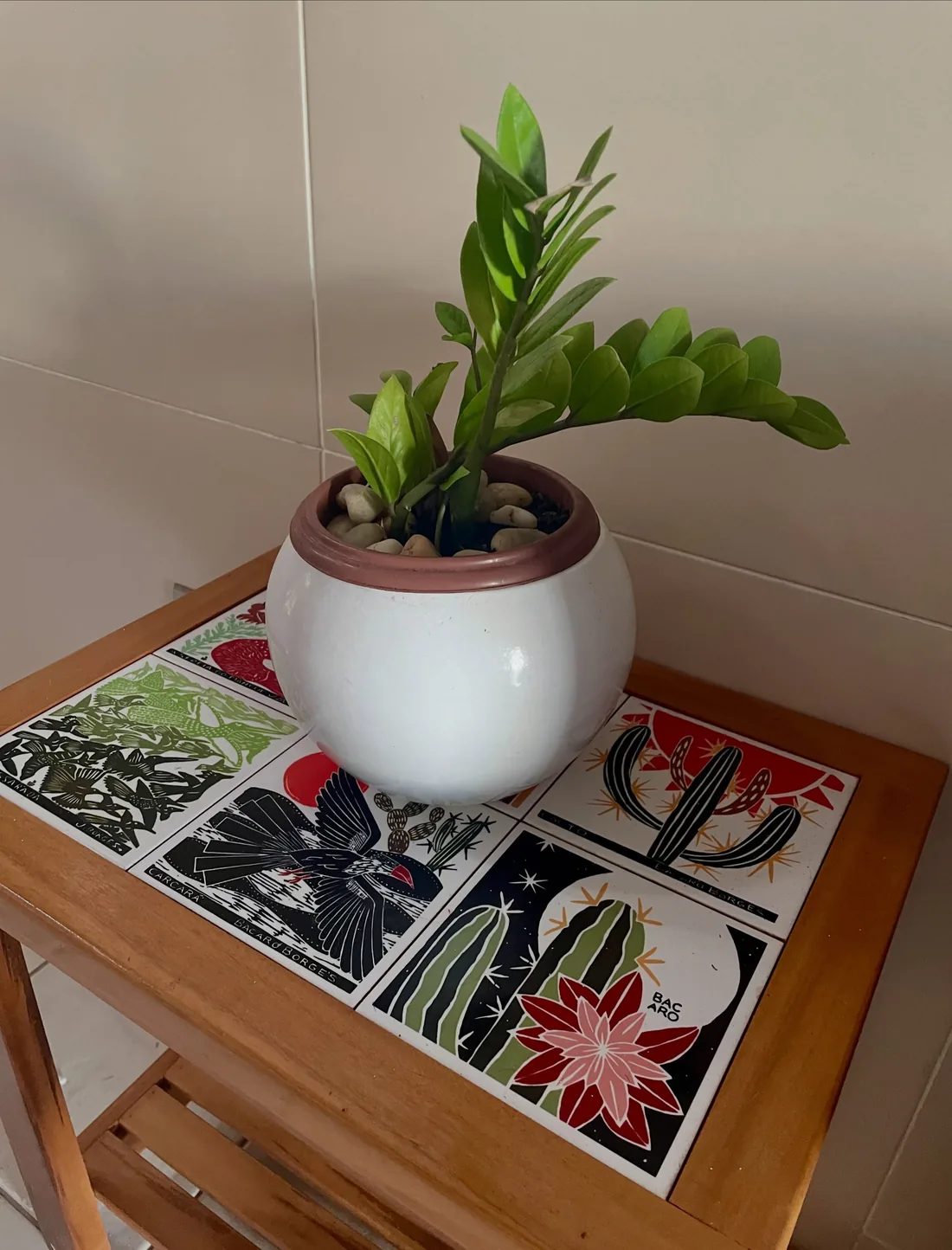 Vaso de planta sobre a mesa de azulejos pintados da varanda